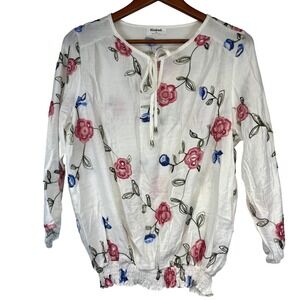 Kindred Cottagecore Boho Floral Embroidered Smocked Hem Peasant Top XL Garden